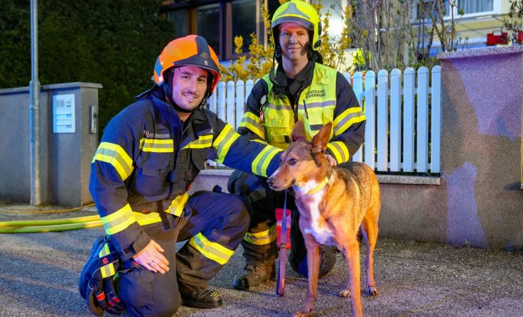 Einsatzkräfte mit dem geretteten Hund (Foto: FOTOKERSCHI / MARKUS HAUSER)