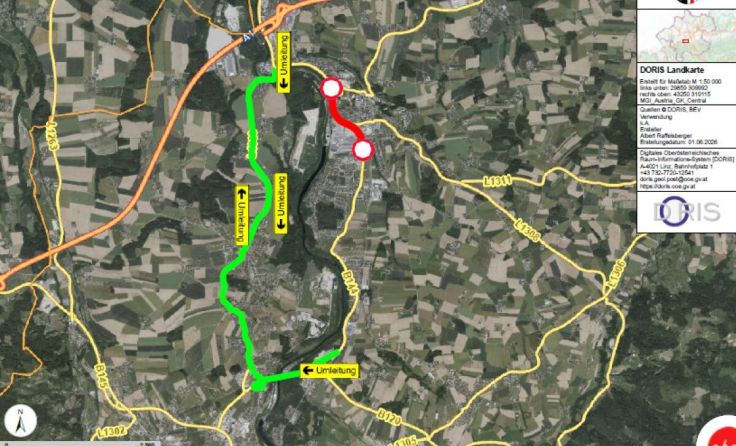 Verkehrsinfo für die B144 (Foto: Land OÖ/Screenshot)
