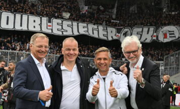 Thomas Stelzer Landeshauptmann Oberoesterreich, Siegmund Gruber CEO LASK, Wolfgang HattmannsdorferBundesminister für Wirtschaft, Energie und Tourismus von Österreich und Michael StruglVorstandsvorsitzender, Verbund AG - Nach dem Spiel der ADMIRAL Bundesliga zwischen FK Austria Wien und dem LASK in der 32. Runde der Meistergruppe in der Generali-Arena in Wien am Sonntag, 17.05.2026. (Foto: FOTOKERSCHI / WERNER KERSCHBAUMMAYR)