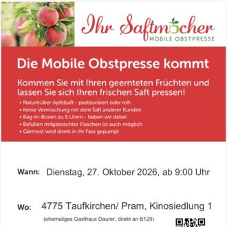 Mobile Saftpresse kommt nach Taufkirchen/Pram (Bezirk Schärding)