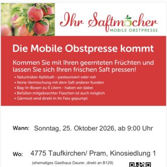 Mobile Obstpresse kommt nach Taufkirchen/Pram (Bezirk Schärding)